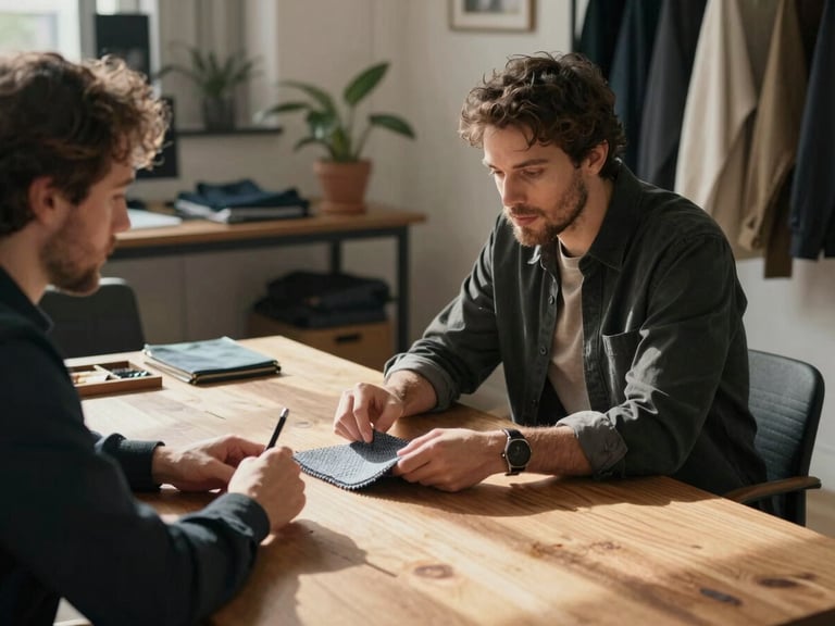 Cinematic natural light, a modern creative studio in London with two men discussing apparel textures over a wooden table, warm shadows, premium editorial feel.