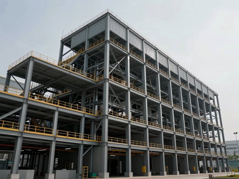 Wide angle shot of a massive completed industrial facade and metal structures under cold daylight, clean architectural lines, steel gray tones.
