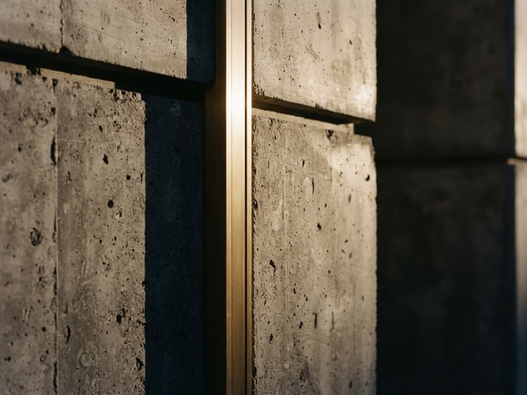 Abstract architectural detail of concrete and brushed brass, sharp shadow lines from a late afternoon sun, minimalist composition, 35mm lens
