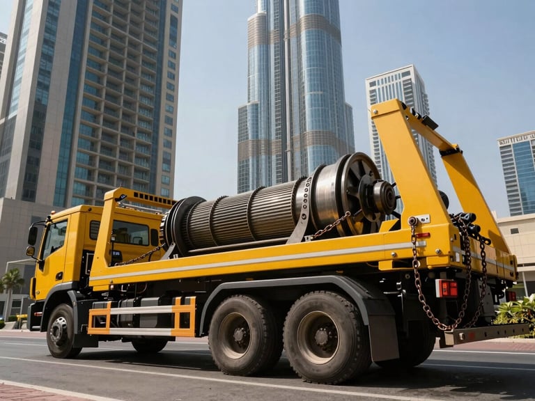 Low-angle dynamic shot of a massive yellow flatbed tow truck parked near DIFC high-rises under intense midday sun, metallic chains and winch gear visible in sharp focus