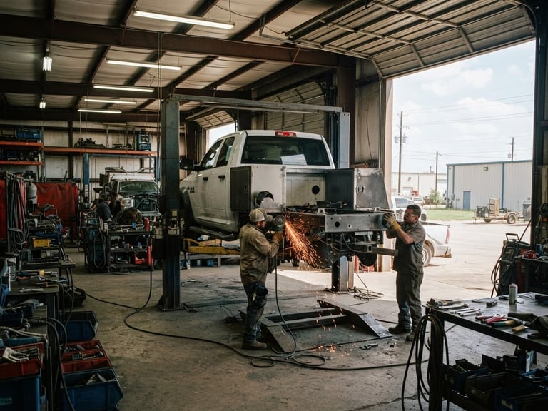 Wide shot of a commercial vehicle upfitting bay in Denison, Texas, with a heavy-duty truck being worked on, industrial overhead lights, high-contrast, gritty metallic tones, sharp focus, 35mm documentary style.