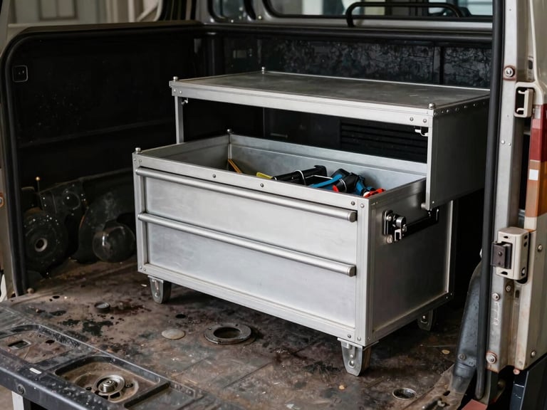 Detailed shot of a heavy-duty truck bed with integrated custom aluminum toolbox, open and organized, in a workshop bay, high contrast.