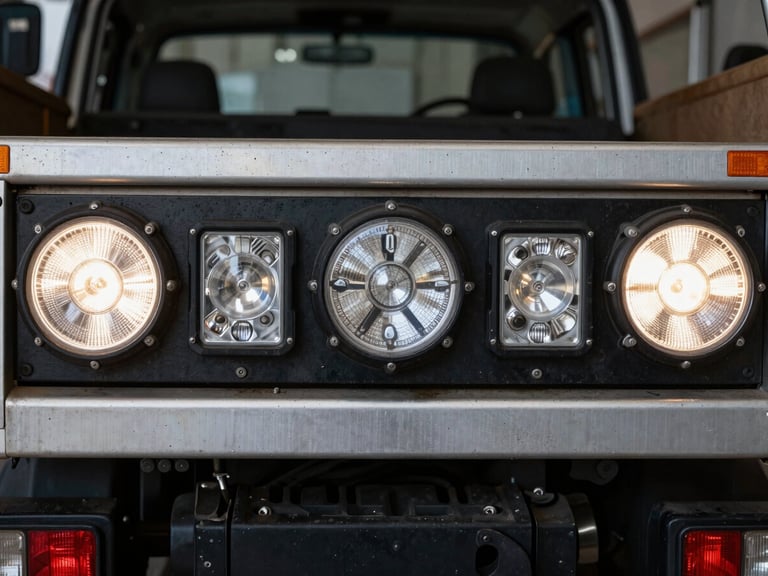 Close-up of bright LED safety lights installed on the rear of a commercial utility truck, workshop background blurred, gritty metallic tones.