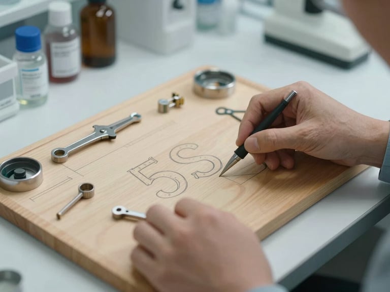 Close-up of hands organizing tools on a shadow board with precise 5S outlines in a modern quality laboratory, clean clinical lighting.