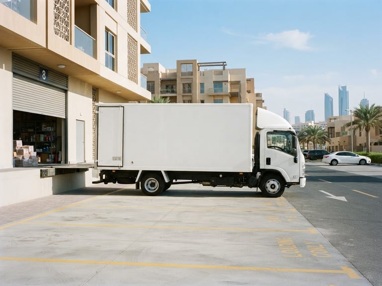 Bright editorial photography of a clean white moving truck parked in an organized Abu Dhabi bay, morning daylight, 35mm