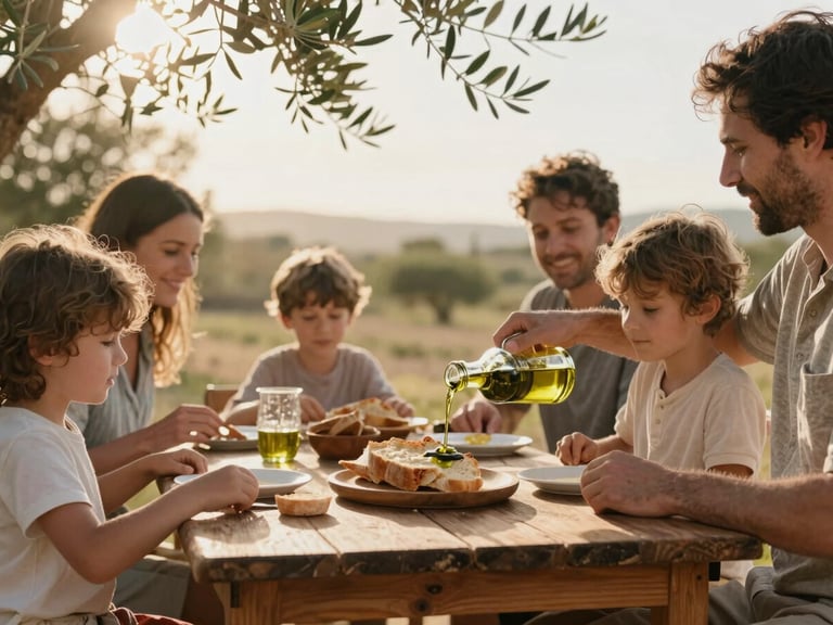 A warm, sun-drenched scene of a family gathering around a rustic wooden table outdoors, pouring olive oil onto fresh bread, soft afternoon sun filtering through olive branches.