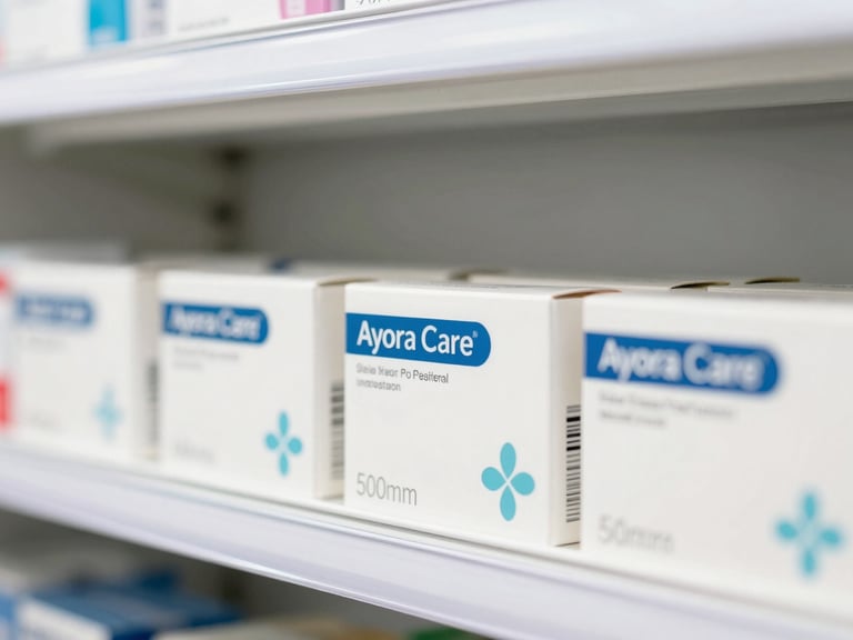 Close-up of clean Ayora Care packaging on a bright pharmacy shelf, soft natural lighting, crisp medical white and blue tones, 50mm lens.