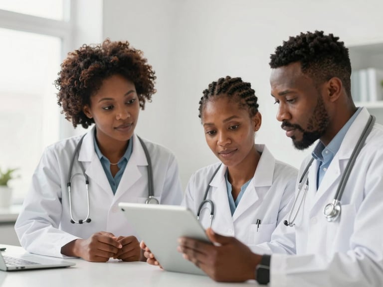 Two professionals reviewing inventory on a tablet in a bright, modern office, natural Nigerian skin tones, crisp white environment, soft daylight.