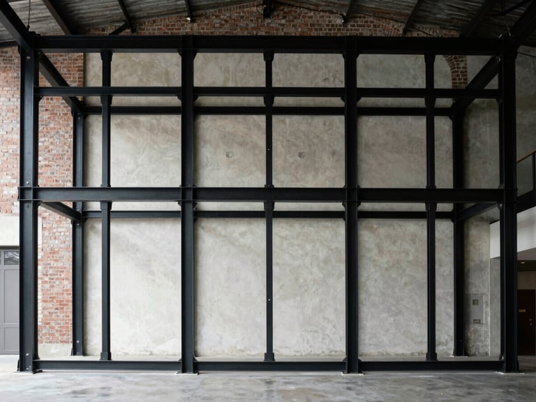 Straight-on architectural elevation of a massive black structural steel frame inside a commercial space, raw brickwork visible behind, high-contrast natural light.