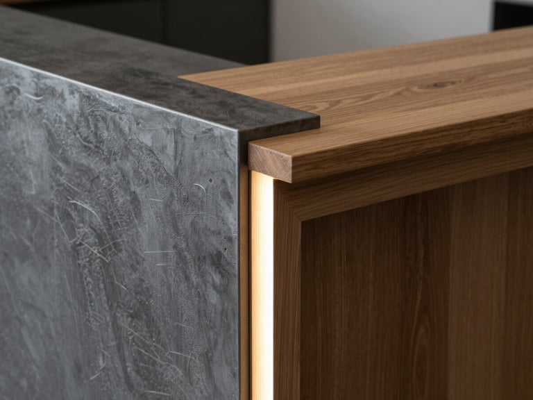 Close-up detail of a custom oak and steel reception desk, highlighting the precise material joinery, dramatic side-lighting, raw plaster texture.