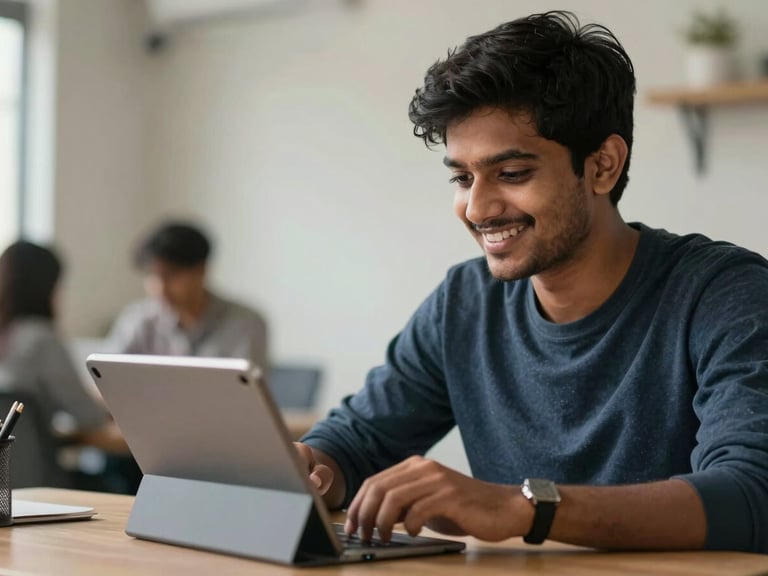 A medium close-up of an Indian student in a clean co-working space, smiling during a virtual counseling session on a tablet.