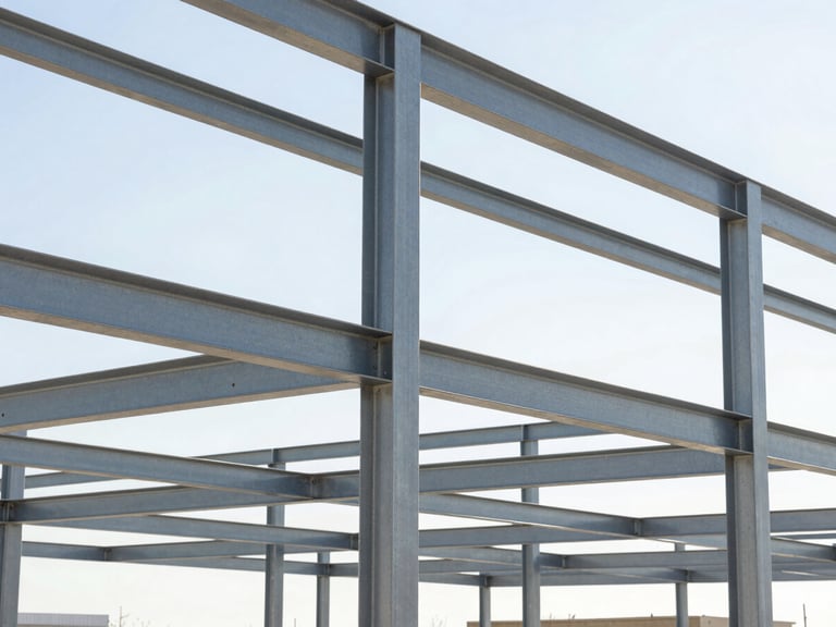Sharp architectural photography of structural steel framing on a bright Utah afternoon, clean lines, high-contrast shadows, 35mm.