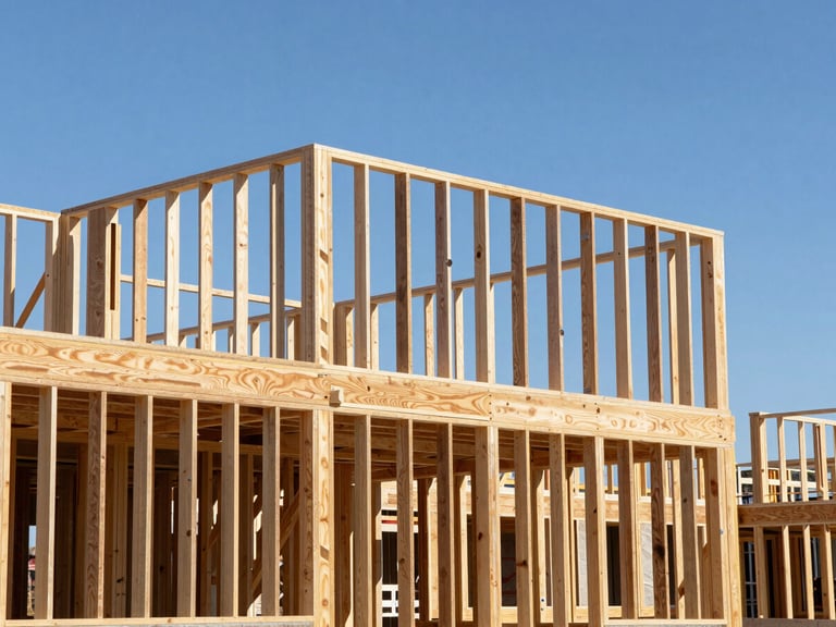 Sharp architectural photography of an active construction site in Utah, high-contrast wood framing against a crisp blue sky, bright natural daylight, 35mm