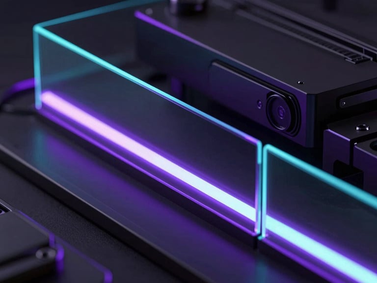 Extreme close-up of reflective glass panels with cyan and purple neon glows, dark sleek tech hardware