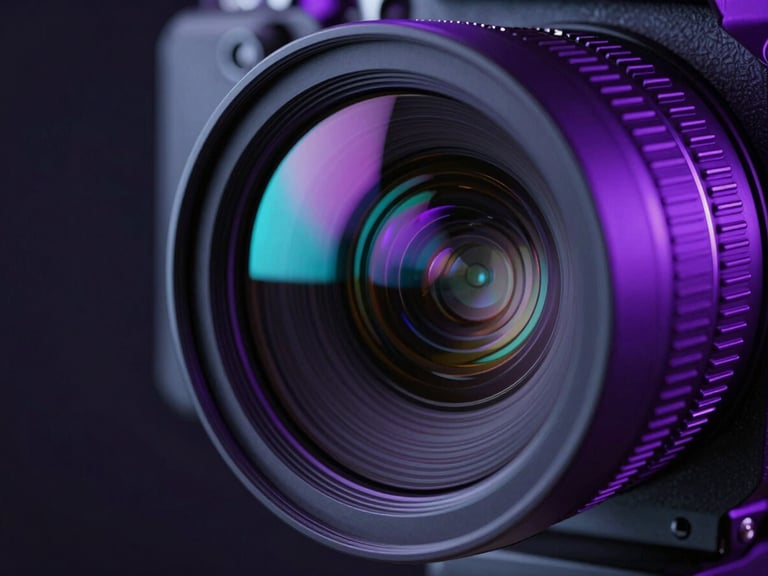 Extreme close-up of a futuristic cinema camera lens, neon purple and cyan reflections on the glass, dark obsidian background, cinematic studio lighting, hyper-realistic 3D render.