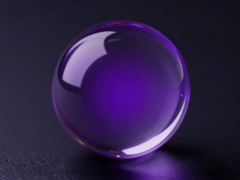 Macro close-up of a hyper-realistic 3D glass sphere reflecting neon purple light, dark obsidian background, cinematic high-contrast lighting