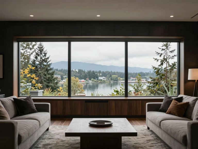 Straight-on elevation of a refined open-concept living room, floor-to-ceiling windows overlooking Vancouver foliage, custom dark millwork, soft overcast daylight