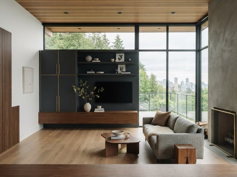 Straight-on architectural elevation of a modern West Coast living room, large windows showing soft diffused Vancouver daylight, deep charcoal cabinetry, brass accents, minimalist styling