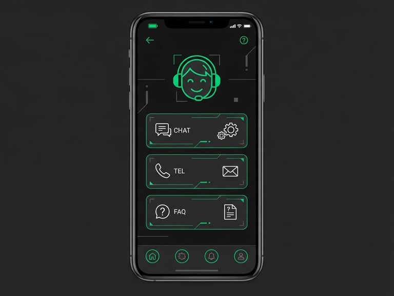 Minimalist dark-mode UI mockup of a support screen on a smartphone, clean lines, subtle emerald green accents, ample negative space, orthographic view, vector illustration.