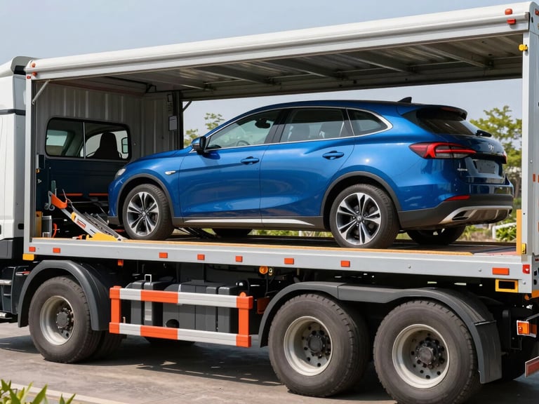 A clean vehicle carrier truck loading a modern car, bright natural daylight, sharp focus