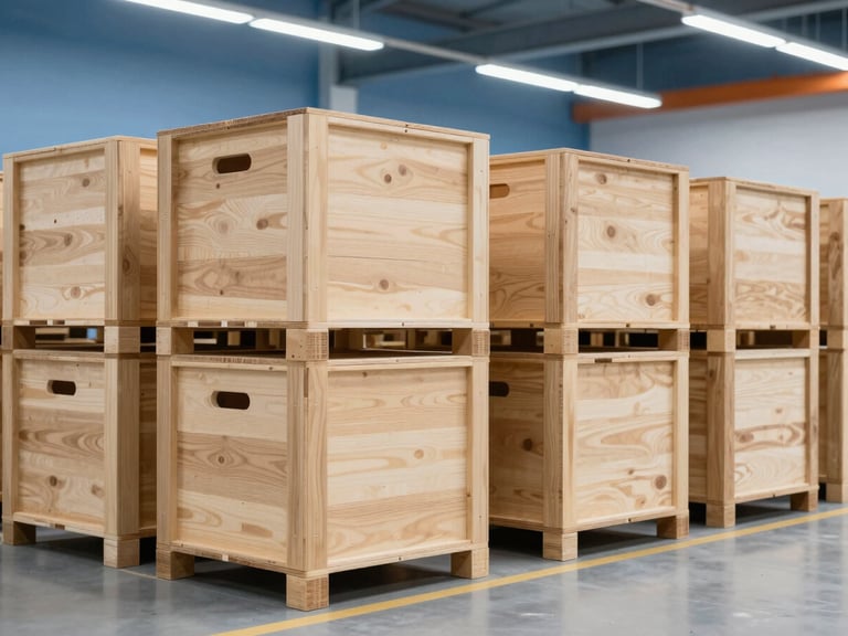 Inside a modern organized warehouse with secure wooden crates stacked neatly, bright overhead lighting