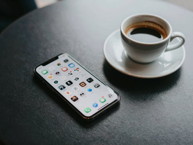Overhead view of a phone resting on a café table beside an empty espresso cup, app grid visible on screen, soft diffused afternoon light, sparse and unhurried composition