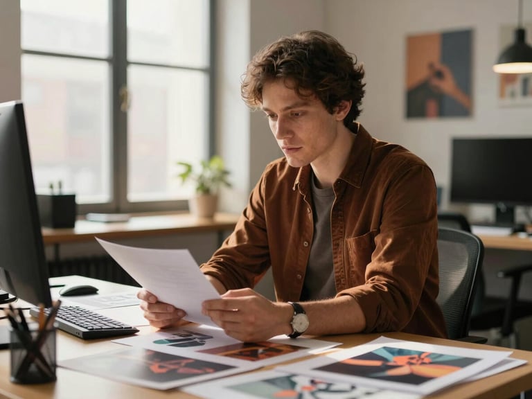 Editorial portrait of a creative director reviewing visual assets in a sunlit studio, shallow depth of field, rich warm tones