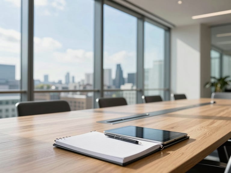 Wide environmental shot of a bright, modern London boardroom with floor-to-ceiling windows, crisp daylight illuminating a wooden table with notebooks and digital tablet interfaces, shallow depth of field, 35mm.
