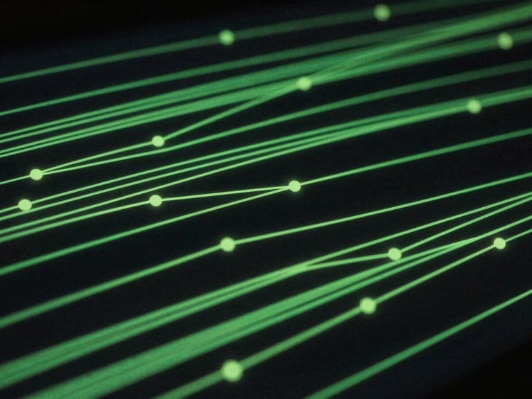 Stylized abstract representation of data streams and network nodes, glowing lime-green lines on a dark background, hinting at digital distribution, low-key, high-contrast.