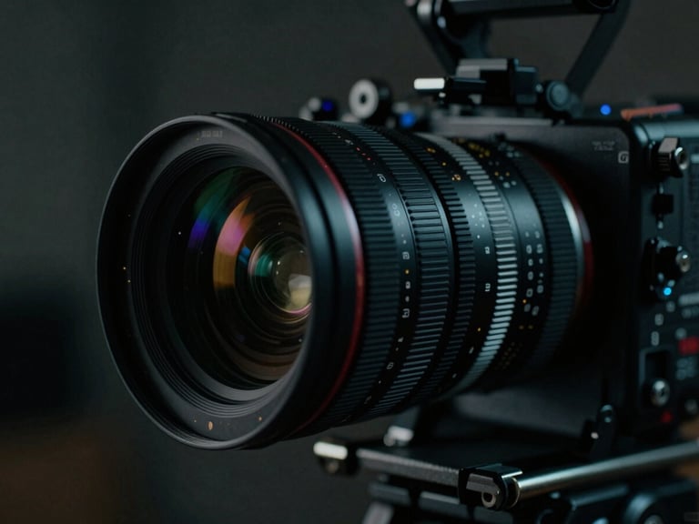 Extreme close-up of an anamorphic camera lens on a professional camera rig, low-key neon lighting, high-contrast dark tones, 35mm grain, behind-the-scenes production.