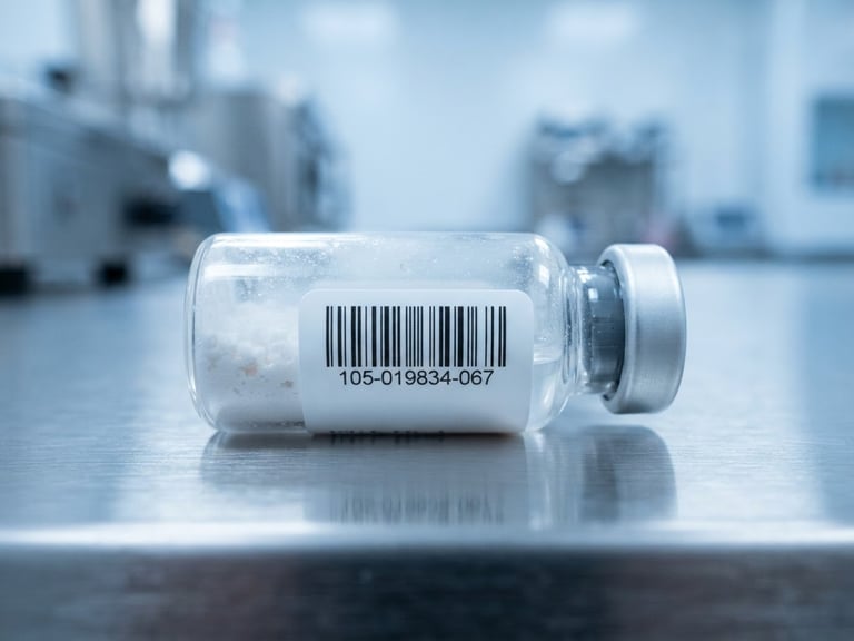 Macro close-up of a sealed glass peptide vial with a clean barcode label, resting on a sterile stainless steel surface under cool blue-toned clinical lighting, 50mm focus
