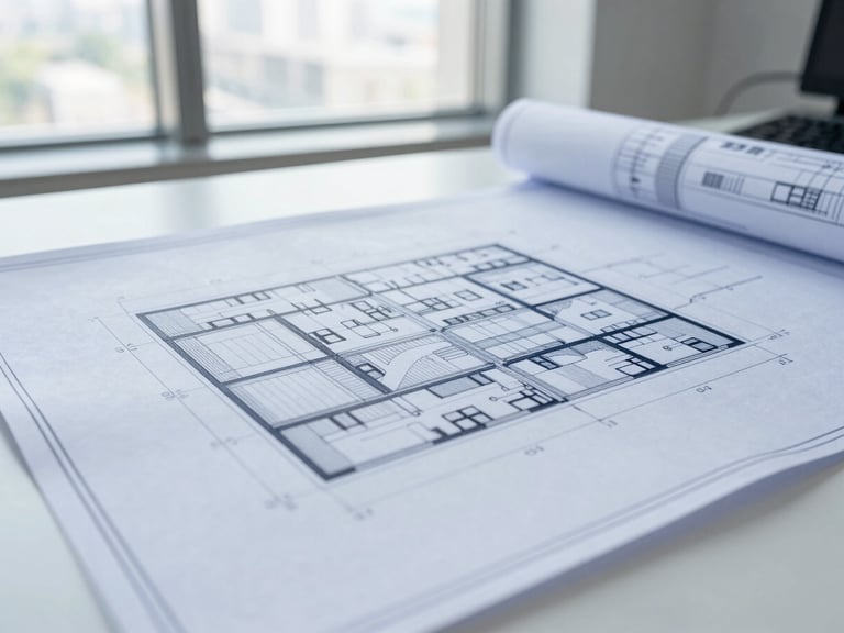 Close-up architectural photograph of structured blueprints on a clean desk, bright natural office window light, high-contrast professional finish