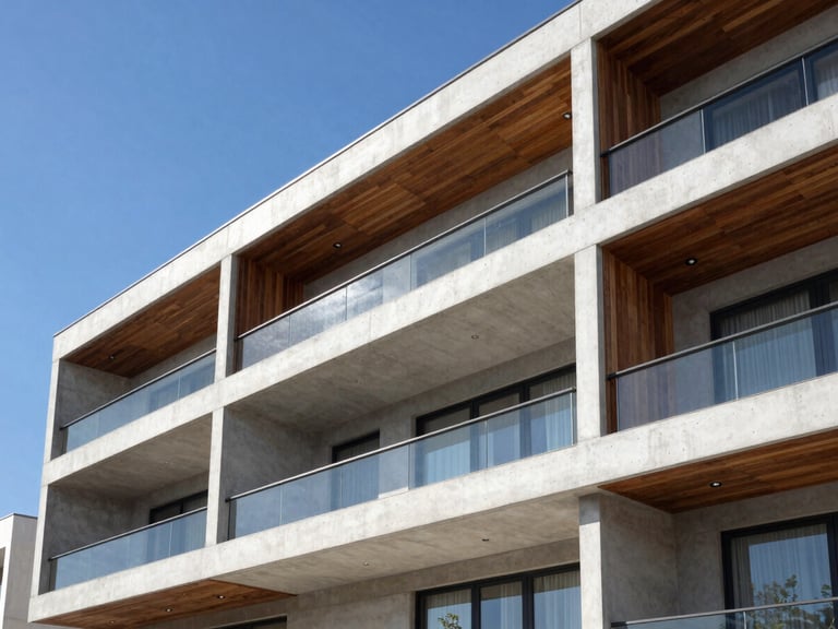 Sharp architectural photography of a modern luxury residential facade in Hidalgo, clean lines, concrete and warm wood accents, bright natural daylight, high-contrast finish