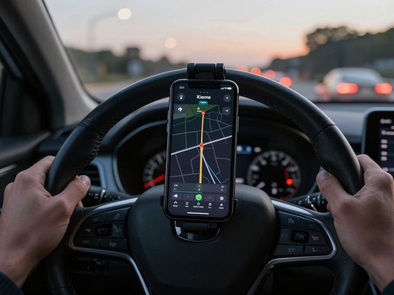 First-person perspective of a driver's hands on a steering wheel at dusk, with an iPhone securely mounted on the vehicle dashboard displaying a high-contrast dark-mode route navigation interface, ambient city lights glowing softly in the background.