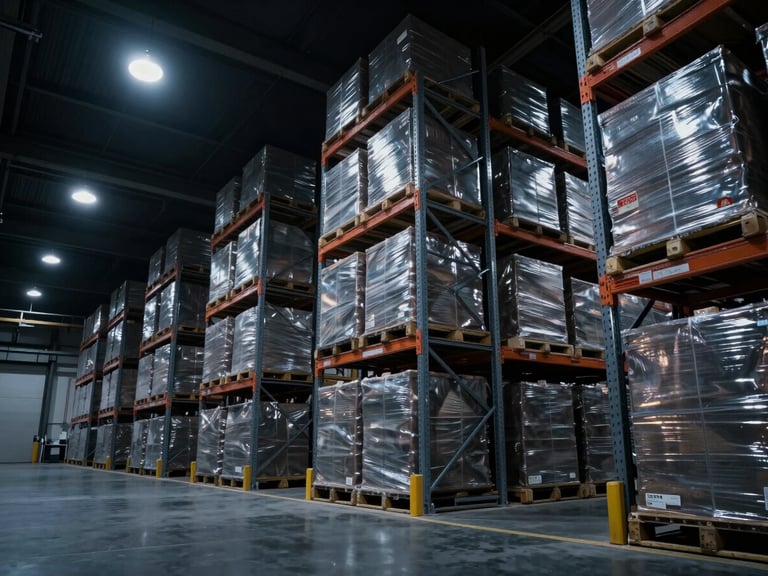Dramatic low-key lighting inside a high-scale modern warehouse with steel racking, organized cargo containers, and cool metallic textures, wide-angle 35mm.