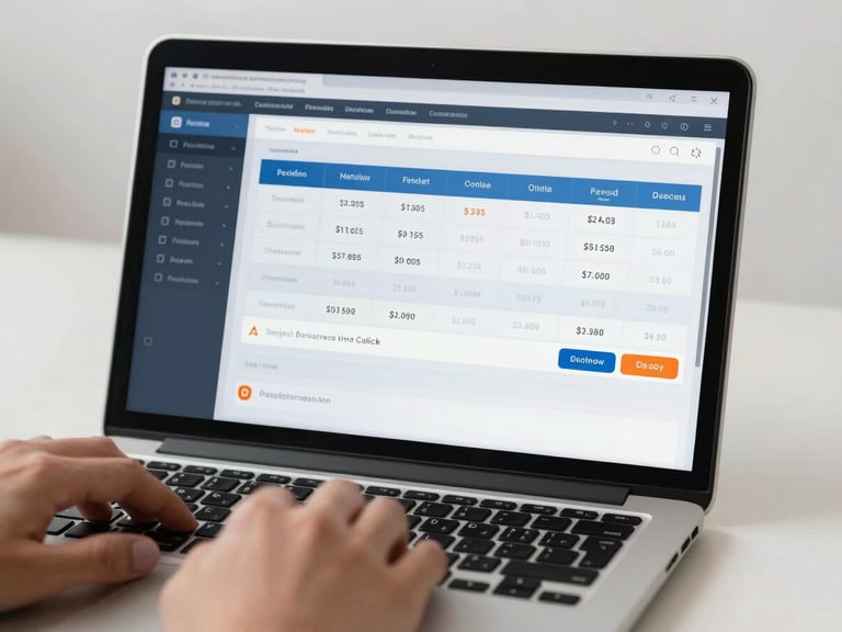 Close-up of a laptop screen showing a paid ads campaign dashboard with real cost-per-click and conversion metrics, hands resting near keyboard, bright neutral studio lighting, clean desk surface