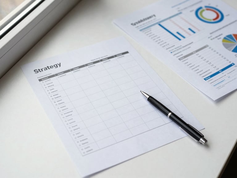 Overhead flat-lay of a strategy document with content calendar grid, printed analytics report and a pen pointing at a metric row, neutral daylight from window left, clean white surface