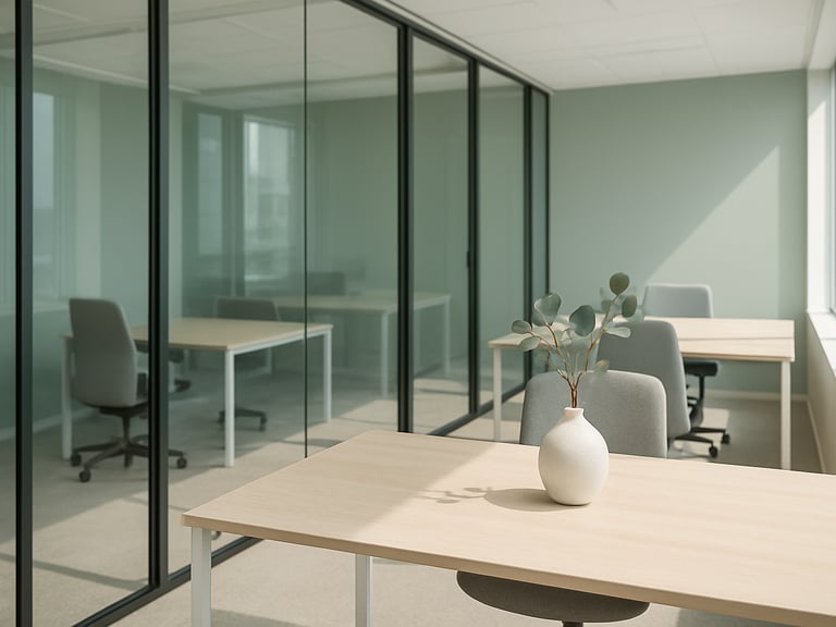 Sunlit high-end corporate office space, clean glass partitions, minimalist desks, a small eucalyptus branch in a ceramic vase, bright natural light, crisp details.