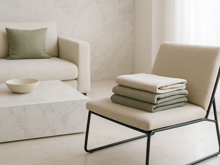 Bright editorial interior photography of a minimalist modern living room, pristine marble surfaces, neatly folded linen on a structured chair, soft diffused natural daylight, 35mm.