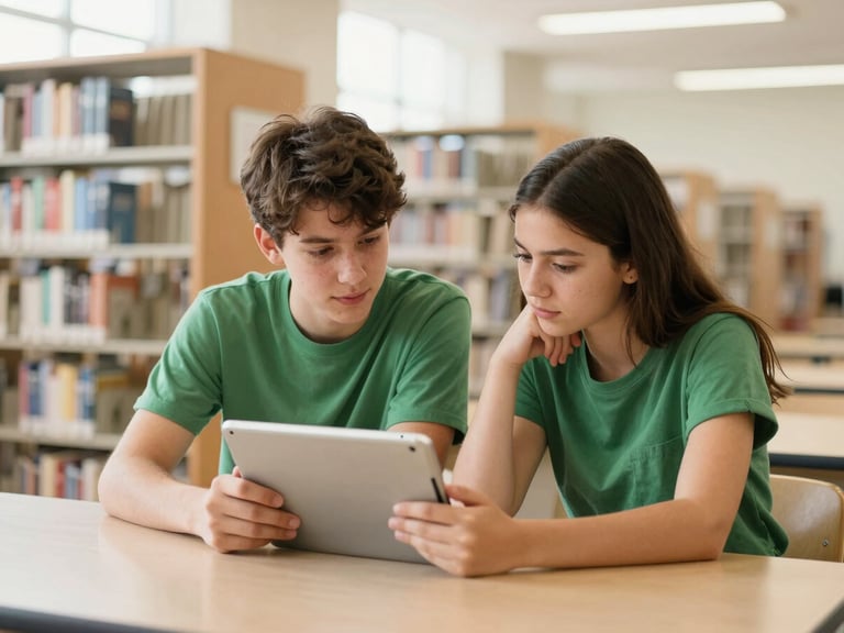 A medium shot of two high school students, a boy and a girl, discussing work on a tablet screen in a sunlit modern school library, looking thoughtful and engaged.
