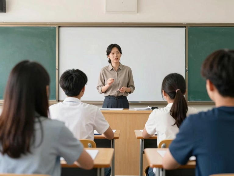 A classroom setting with a teacher standing near a whiteboard, students in the foreground actively participating in a debate, warm natural daylight.