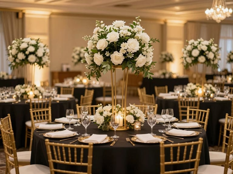 Elegant wedding reception setup in a grand hall, golden light, white floral arrangements, gold accents on tables, shallow depth of field, editorial