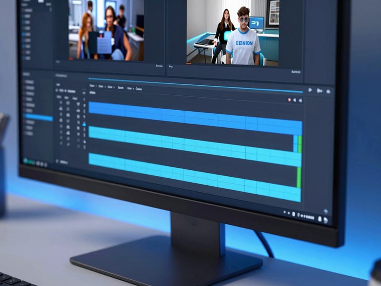 Sleek tech photography, modern minimalist home office setup, macro shot of a clean video editing timeline on a monitor with electric blue ambient backlighting, 50mm