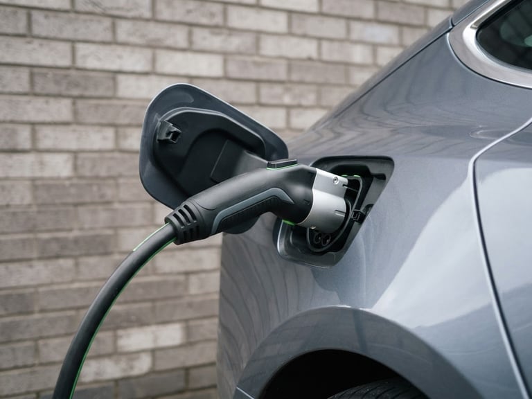 Close-up of a modern EV charging station cable plugged into a car, clean brick wall background, bright overcast daylight, sharp focus 35mm