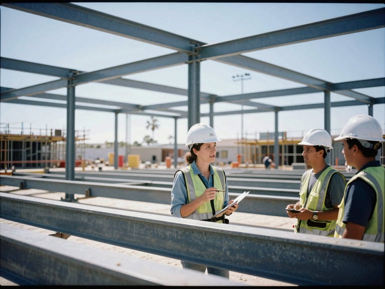 Female construction director in a hard hat, speaking with a crew member on a busy commercial job site, structural steel visible, bright California daylight, high-contrast cool tones, 35mm