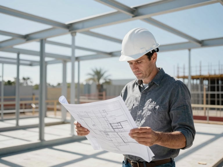 Experienced structural engineer in a hard hat, reviewing detailed blueprints on a construction site, bright California daylight, high-contrast cool tones, 35mm