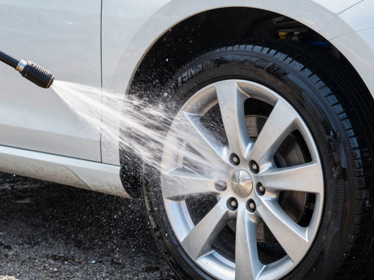 Crisp commercial photography of a high-pressure water jet atomizing over a clean car wheel, bright natural daylight, water droplets frozen in mid-air, sora-blue reflections