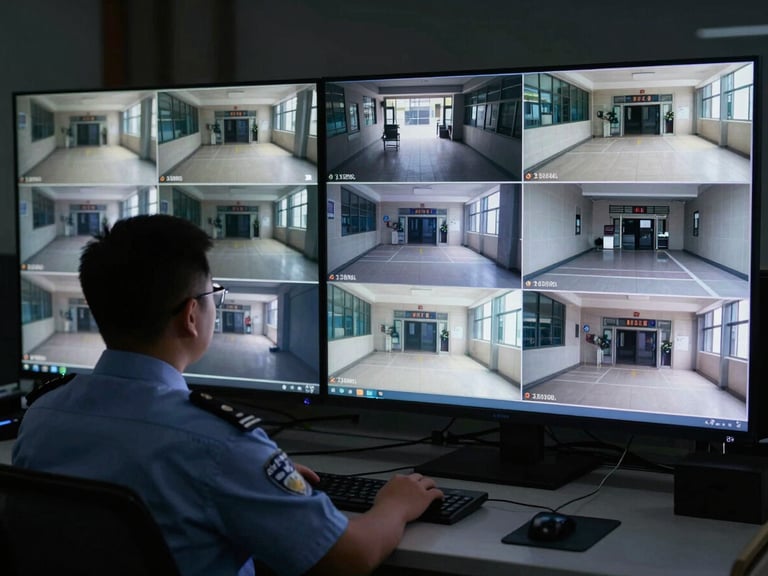 Security officer seated at a monitoring console reviewing multiple camera feeds, screens showing building entry points and corridors, low ambient light from monitors only