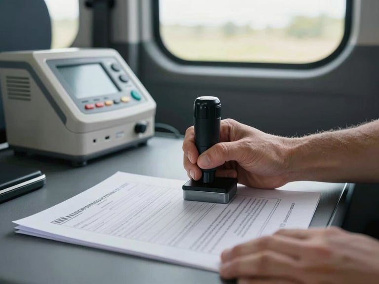 Close-up of hands stamping an official registration document on a van interior work surface, diagnostic equipment visible in the background, natural daylight through the van window