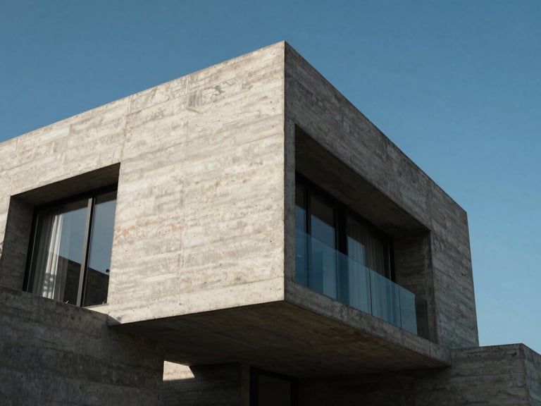 Low-angle architectural shot of a modern monolithic concrete villa in Bodrum, sharp geometric shadows under high-contrast afternoon sun, raw textures, 35mm lens.
